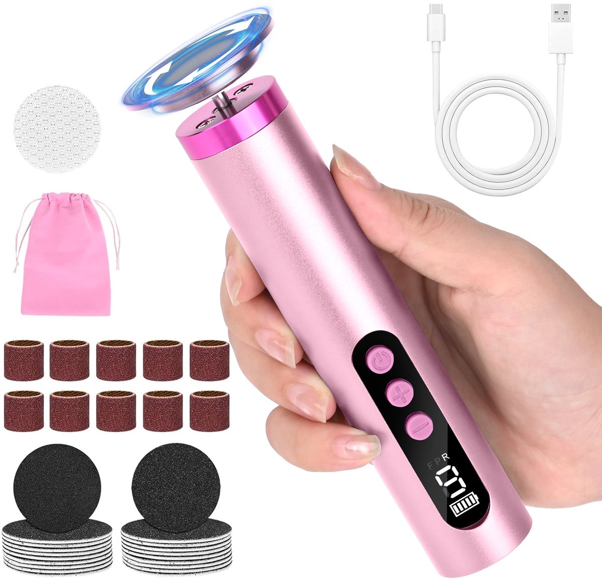 Dreamhigh® 2-In-1 Elektrische Eeltverwijderaar - 9 Standen instelbaar met batterijniveau van 2000 mAh - veelzijdig voetverzorgingsapparaatset met 40 verwisselbare slijptellers en draagtas (roze)