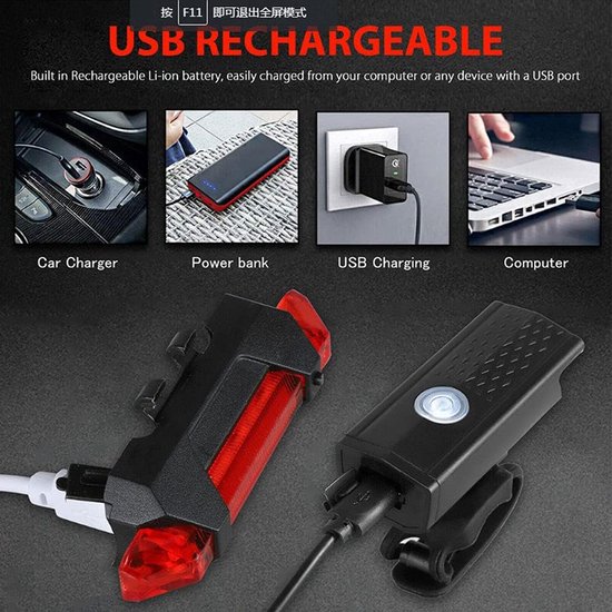 Fietsverlichting - 300 Lumen - Fietslamp USB Oplaadbaar - Fietsverlichting - Voorlicht MTB & Racefiets Verlichting - Waterdicht Fietslicht - Fietslampjes Voorlicht & Achterlicht - Zwart — afbeelding 4