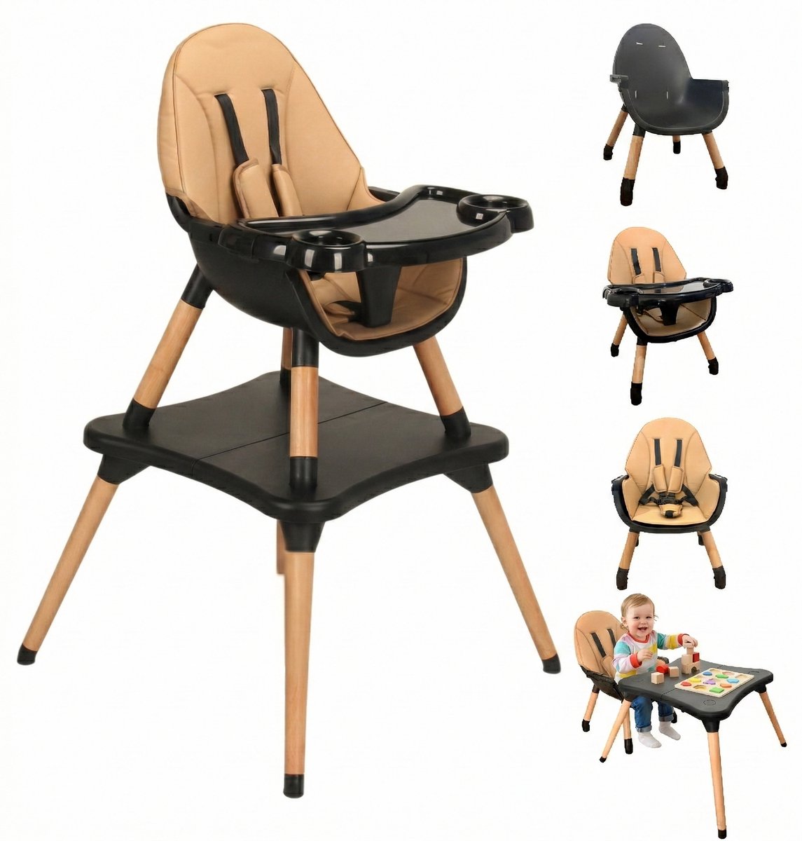 Bol.com ComfyKidz® Multifunctionele 5 in 1 Kinderstoel incl. Speeltafel | Premium Houten Eetstoel Baby & Peuterstoel | Lichtbrui... aanbieding