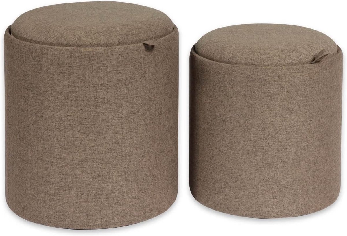 Set van 2 Vierkante Opberg Poef / Voetenbank - Beige Bruin - Multifunctioneel Zit Zitmeubel