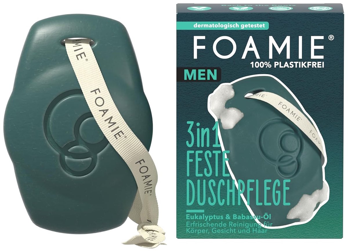 Foamie Men 3-in-1 Solid Shower Care Back to the Roots - For Body, Face & Hair - With Babassu & Eucalyptus Oil - pH Neutral - Vegan & Plastic-Free, 90 g