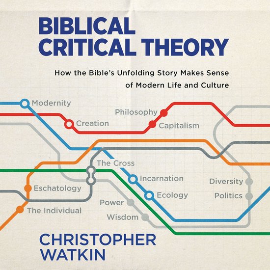 Boekomslag met de titel 'Biblical Critical Theory' in blauwe letters. Een diagram met gekleurde lijnen verbindt concepten als Modernity, Creation, Philosophy, Capitalism, The Cross, Incarnation, Diversity, Politics, Wisdom, Power, Eschatology en The Individual. Geschreven door Christopher Watkin.