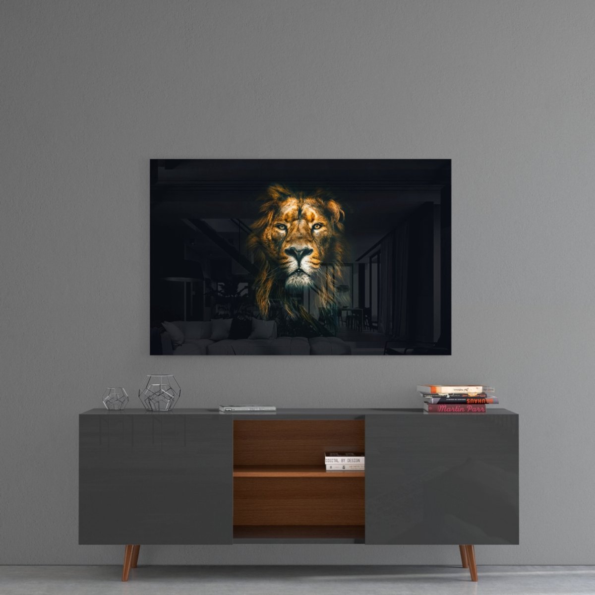 Glasschilderij - Leeuw - Wanddecoratie - 90 x 60 cm