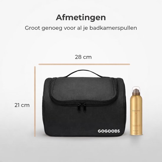Zwarte toilettas van 28 x 21 cm met handvat en dubbele rits, met een fles haarlak ernaast.