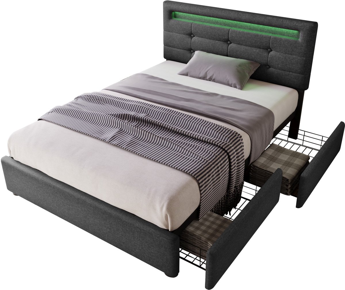 MIVRAY Gestoffeerd Eenpersoonsbed 90x200 Cm - Bed Met Led Verlichting En 2 Laden - Verstelbaar Hoofdbord - Linnen - Grijs - Zonder Matras