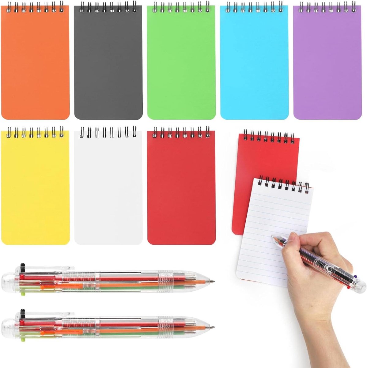 Set van 8 mini-notitieblokken A7 met spiraalbinding en 2 balpennen in diverse kleuren