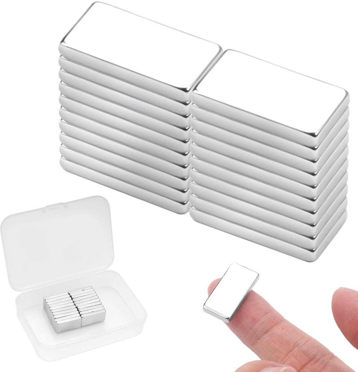 Neodymium magneten set van 20 stuks 20x10x3 mm in opbergdoos - Sterke platte magneet voor whiteboards, koelkast en magneetbord