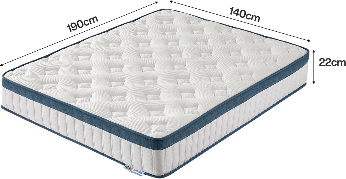 Tribesigns Pocketveringmatras - Matras 140x190 - 22cm dik - Binnenveringmatras met Gel-Traagschuim - met Oeko TEX Certificaat - 7 Zone Orthopedisch Matras - Pocketveringmatras Gemiddelde Hardheid H3 thumbnail 2