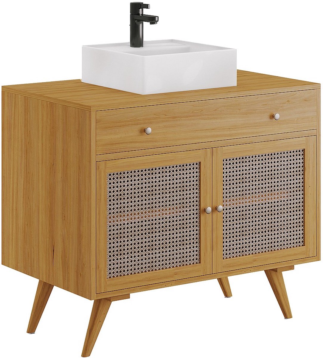 Vente-unique Badkamermeubel van licht teak en riet met keramische wastafel - 90 cm - MANSULAN