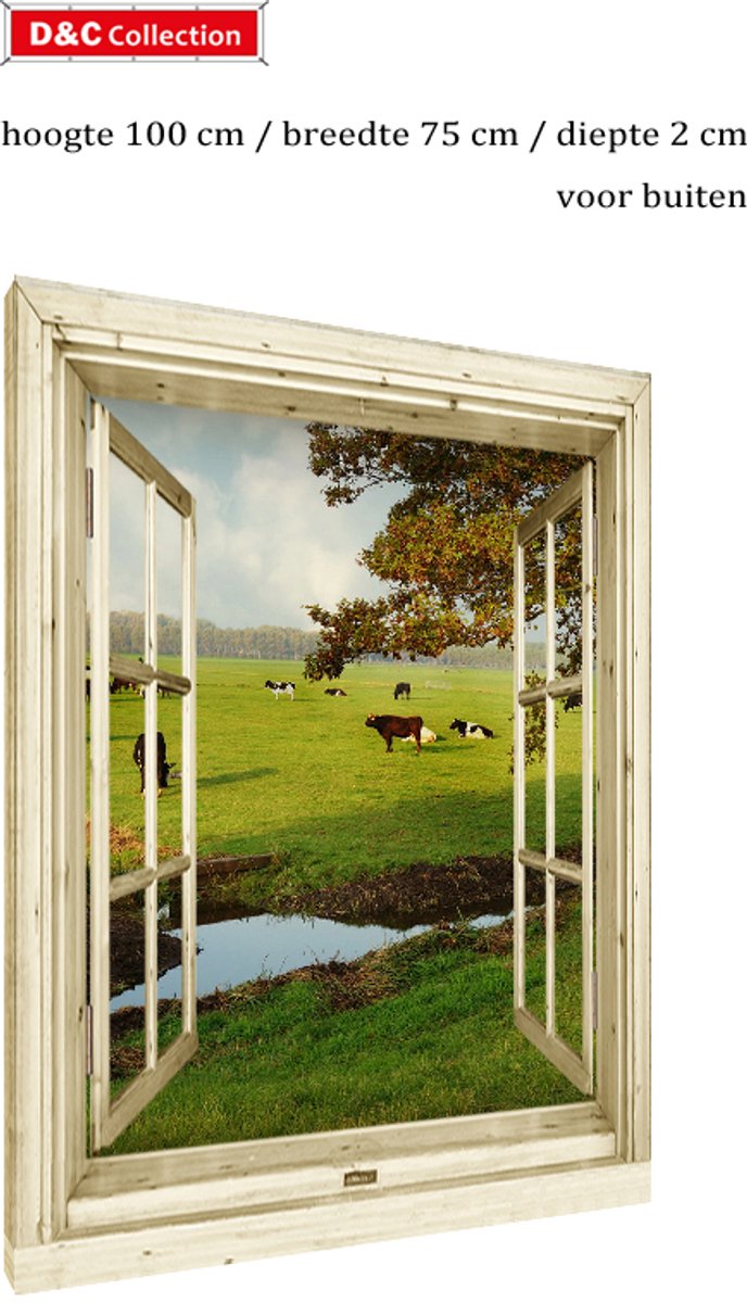 D&C Collection Buiten canvas - tuinposter op houten frame - 100x75x2 cm - doorkijk nostalgisch venster - koeien in landschap - weiland - water plas blauw, groen