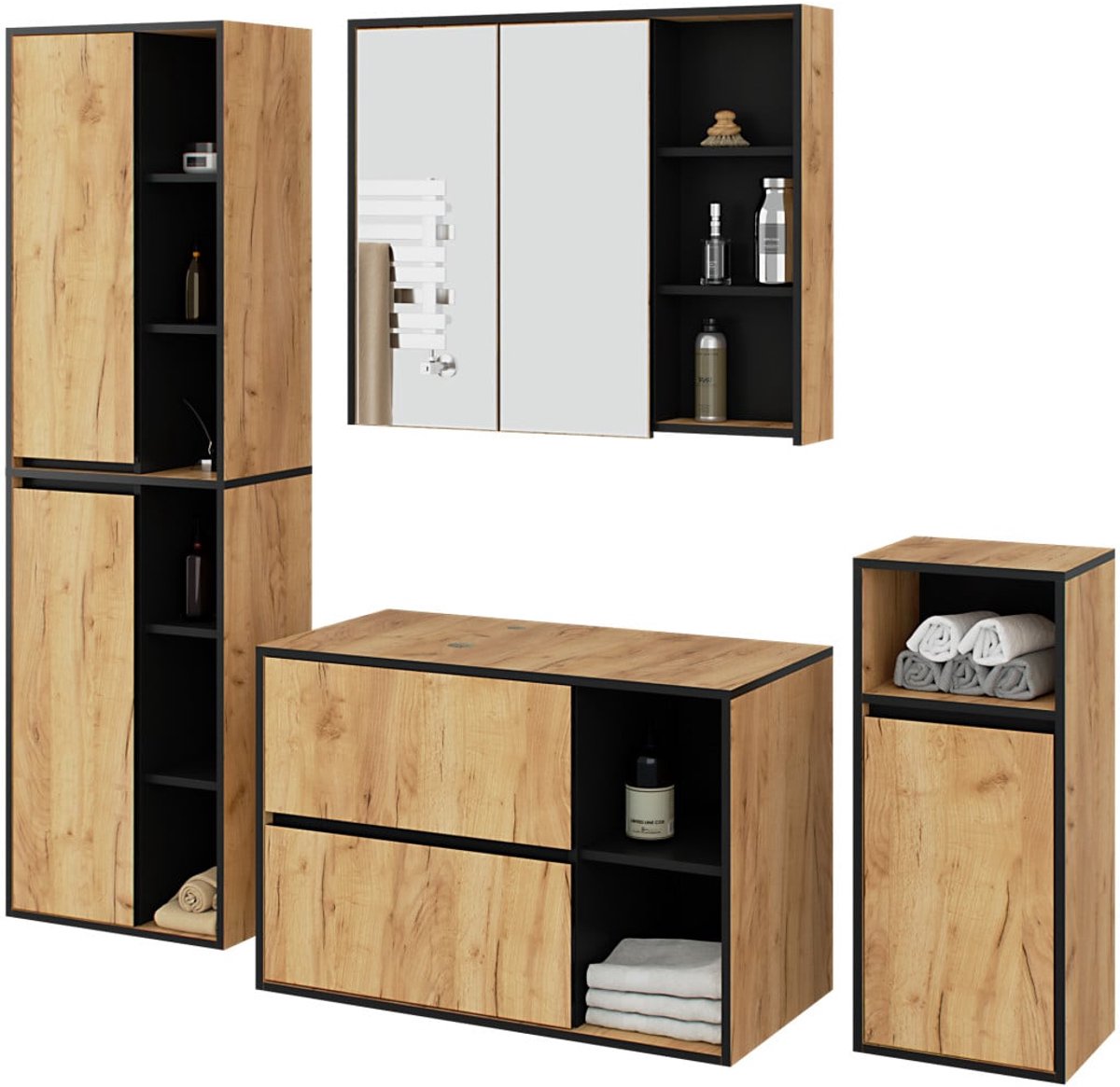 Badkamermeubelset VAMI 4-delige met twee Gaten voor Opzetwastafel / hangende Badkamerkasten / 21 Planken en 2 Lades / Craft Eik - Zwart / AKORD Furniture Factory
