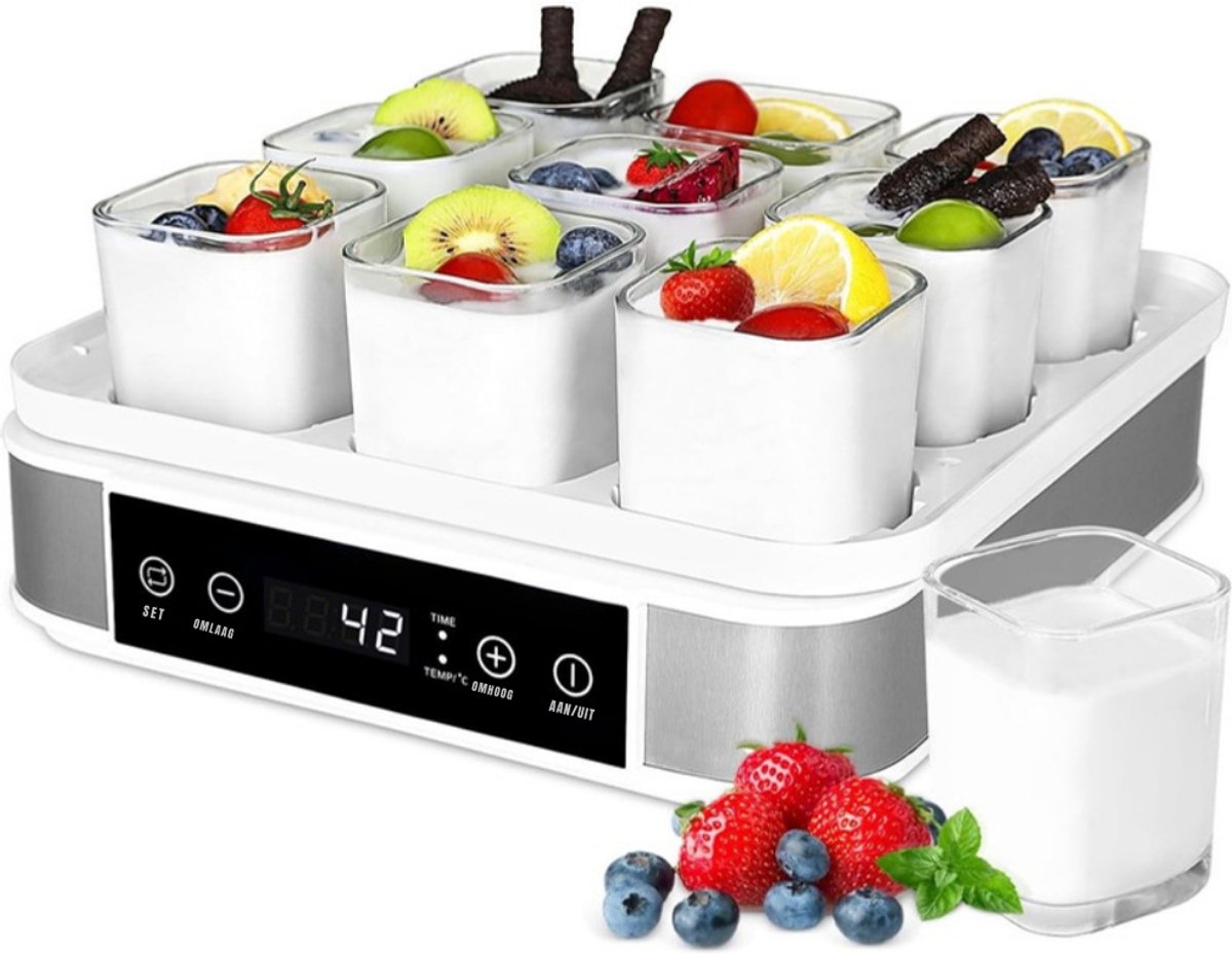 RWB® Yoghurtmaker - Yoghurtmakers - Yoghurtmachine - 9 x 170 ml - 25 tot 65 Graden - Zilver/Wit - 26.7cm x 25.1cm x 14.6cm