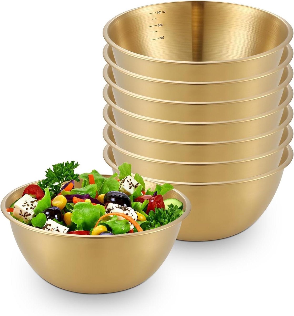 RVS Mengkommen - Set van 8 - 700 ml - Met schaal - Voor fruitsalade, rijst en pasta - 17 cm