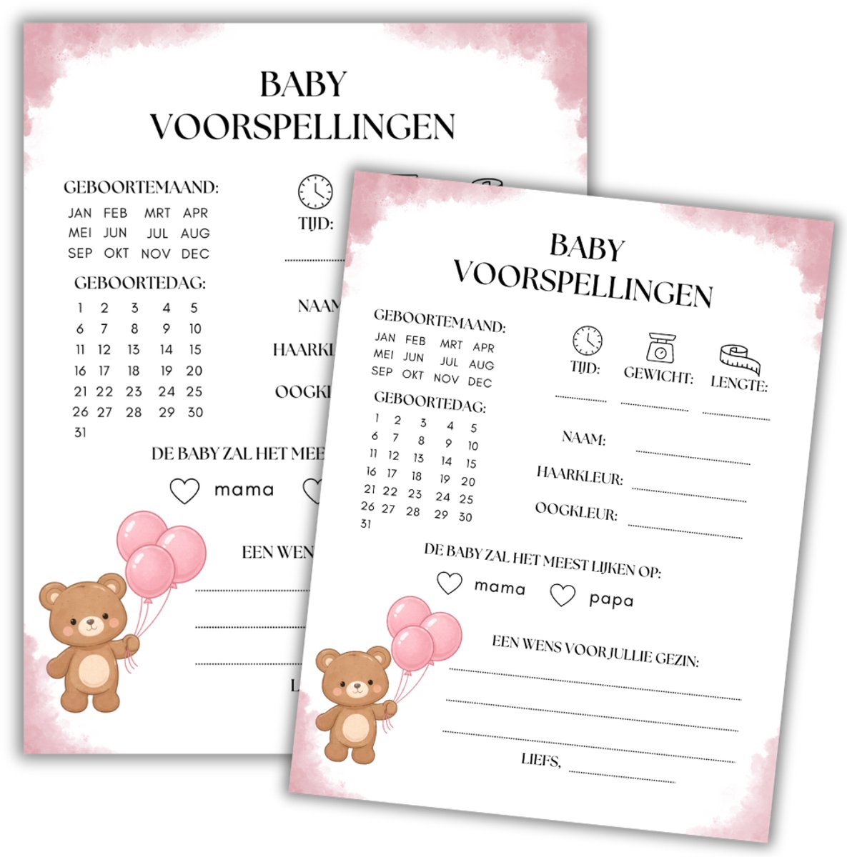 Babyshower Invulkaarten - 20 Stuks - Babyshower voorspellingen - Wenskaarten - Babyshower - Roze