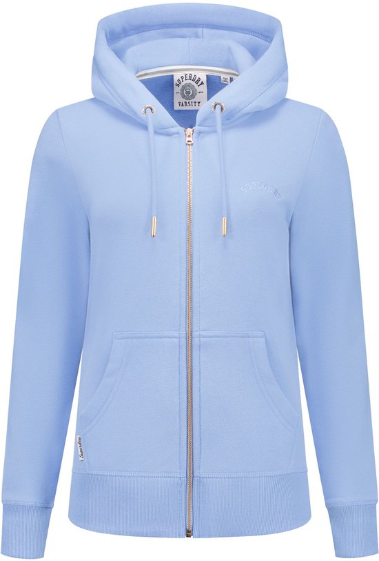 Sweat à capuche Superdry bleu clair avec fermeture éclair, capuche, poche kangourou et logo brodé.