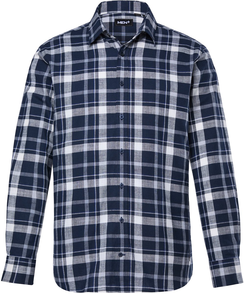 Men Plus - Heren - Geruit overhemd in linnenlook lange mouwen kentkraag - Navy blauw - Maat L