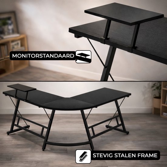 Zwart L-vormig bureau met monitorstandaard en een stevig stalen frame.