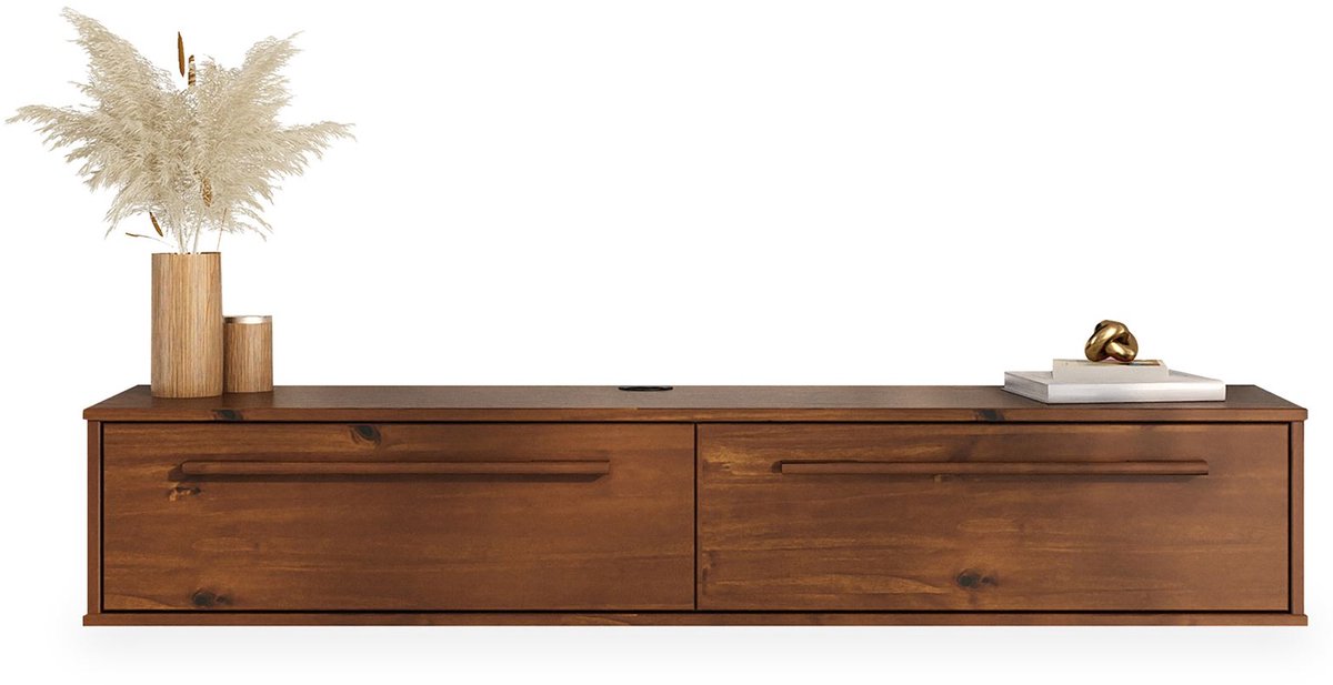 IDIMEX Lowboard TECCA 145 cm met 2 kleppen van massief hout - afwerking in kastanje bruin