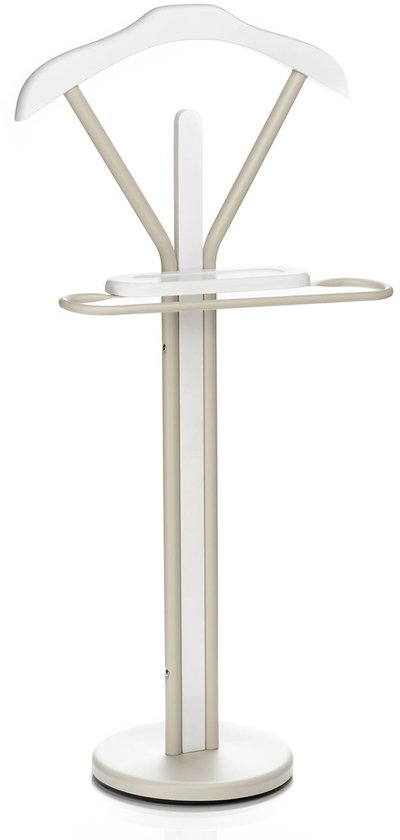 Kledingrek FABIO in beige en wit met een witte kleerhanger, een broekhanger en een beige opbergplank op een ronde beige voet.