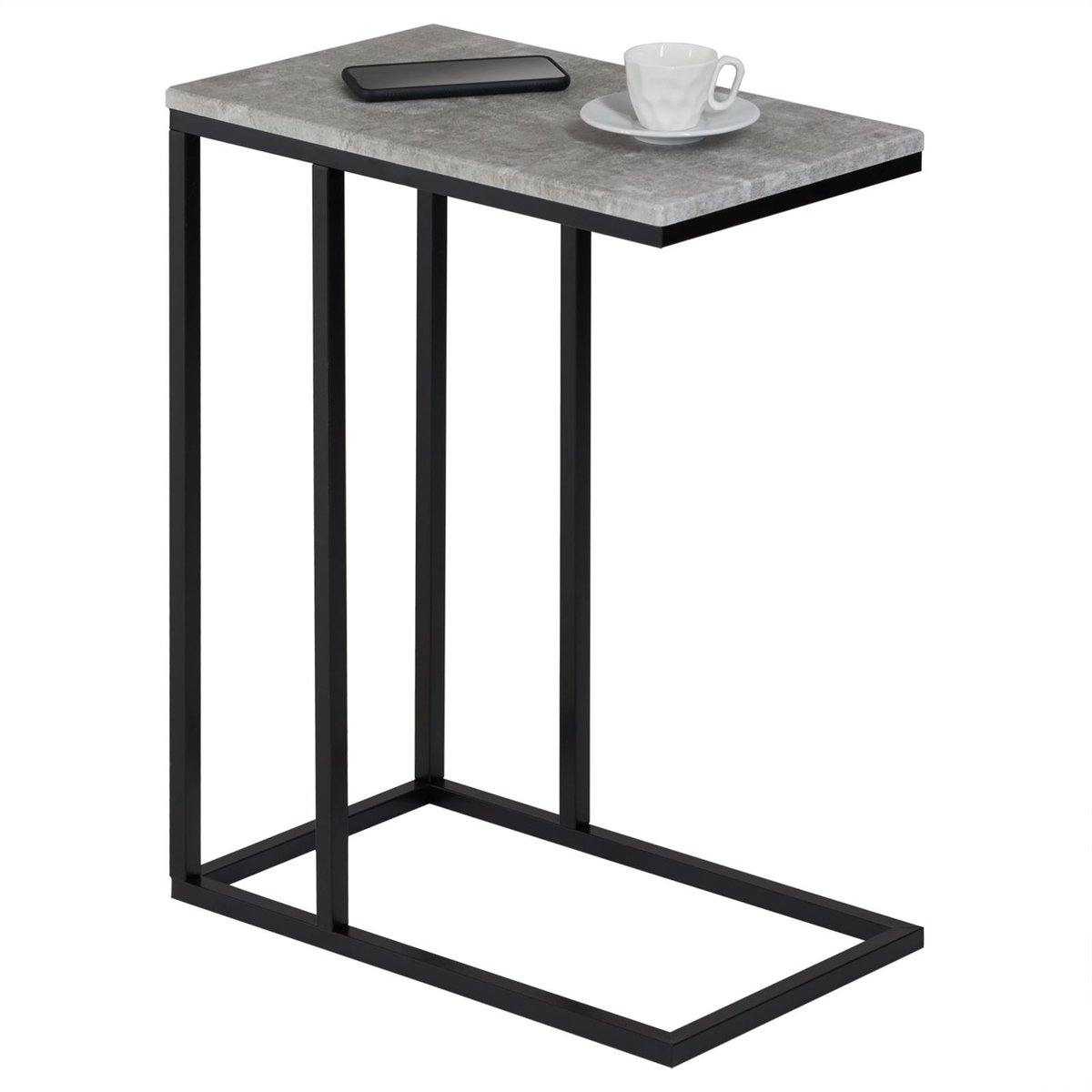 Bijzettafel DEBORA C-vormig metaal zwart tafelblad gefolieerd betonlook