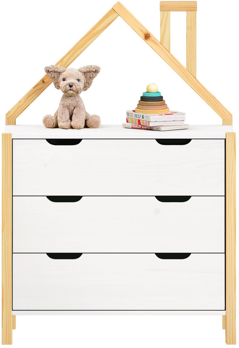 Ladekast ELANO in huisvorm - wit gemaakt van massief grenenhout, 3 grote laden, kinderkamer opbergruimte, kledingkast, kinderkamermeubels, ladekast - hoofdfoto