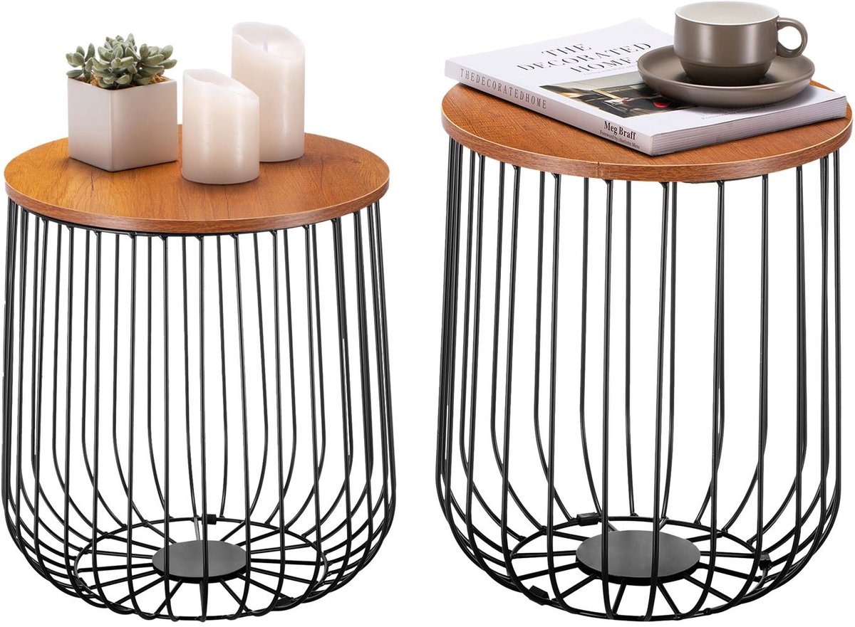 IDIMEX Salontafel ERRANO in set van 2 met metalen manden en deksel, wild eiken-decor bruin