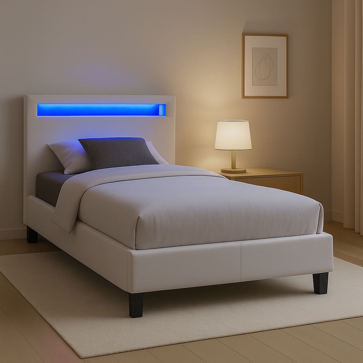 Gestoffeerd bed HIMALAYA 90x200 cm, led-verlichting, witte stof