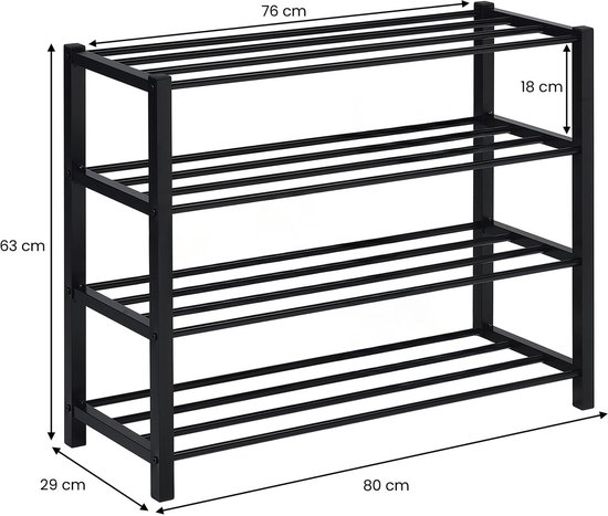 Zwart metalen schoenenrek met 4 etages, afmetingen 80x63x29 cm aangegeven met maatlijnen.