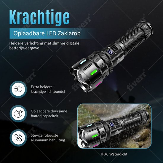 Lampe Torche Tactique LED Rechargeable, 1200 lumens