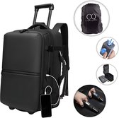 Zwarte rugzak trolley met uitgetrokken handgreep, inclusief cover en accessoires.