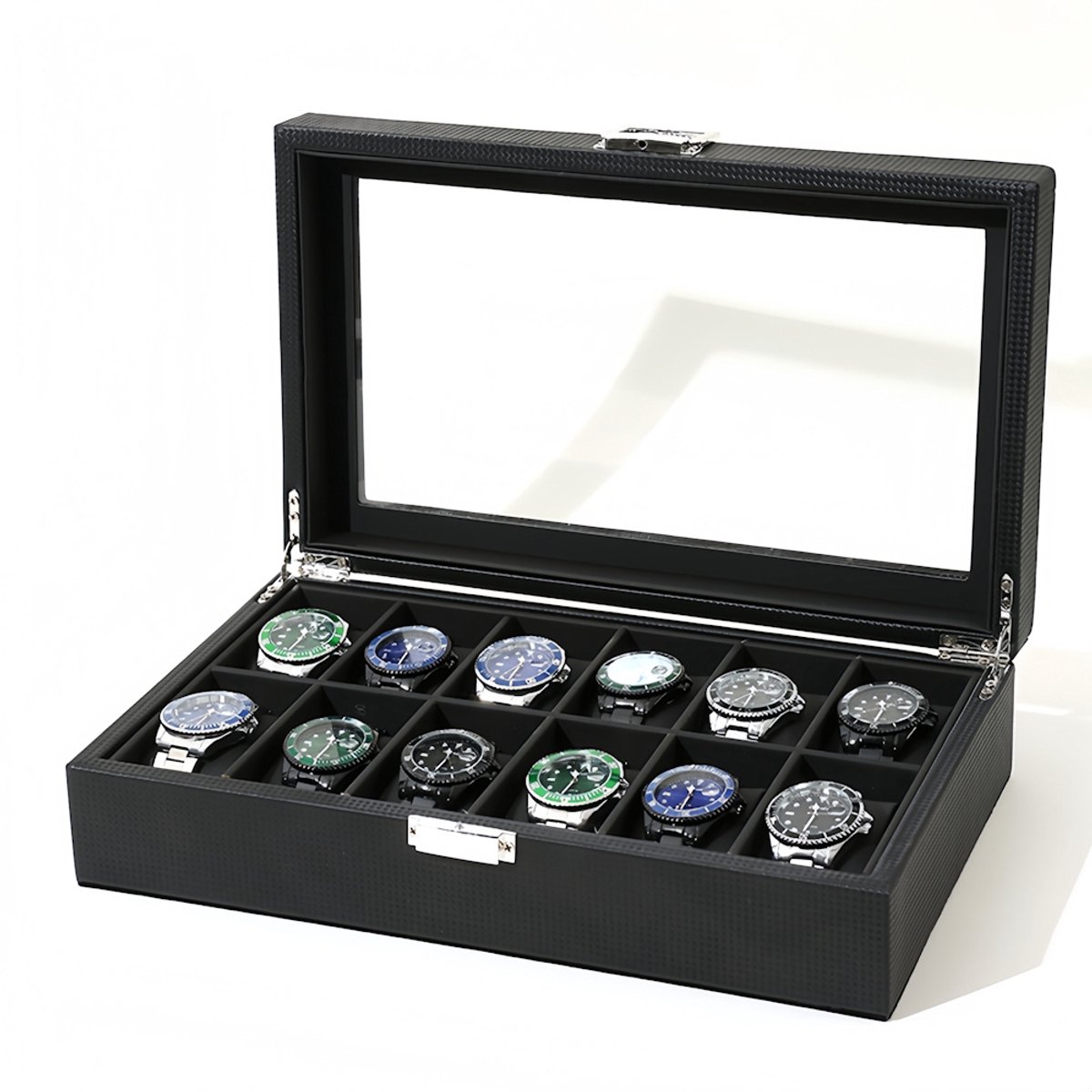 Decopatent - Luxe PU Horloge Doos - Horlogebox - Geschikt voor Heren en Dames - Horloge Opbergdoos - 12 Vakken - Zwart met Zwarte Inleg