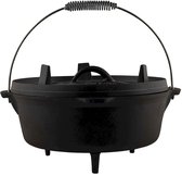 Zwarte gietijzeren Dutch oven met deksel en draad handvat, op drie pootjes.
