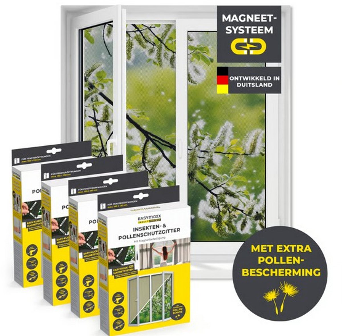 EASYmaxx Insect Protect insecten- & pollenhor | met magnetische bevestiging | vliegenhor raam | pollenhor | voor ramen tot 130 x 150 cm, zwart, 4 stuks