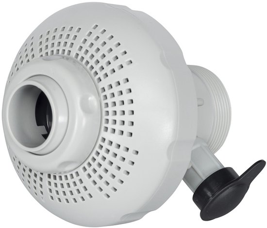 Witte Intex zandfilterpomp met een ronde, geperforeerde voorkant en een draaibare spuitmond aan de zijkant.