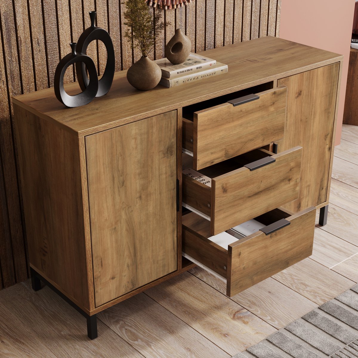 FloraGrace Dressoir - Industriële Look Met 2 Deuren En 3 Lades - Verstelbare Legplank Voor Woonkamer En Slaapkamer - Spaanplaat Donkere Eik - 120x40x76 Cm Bruin