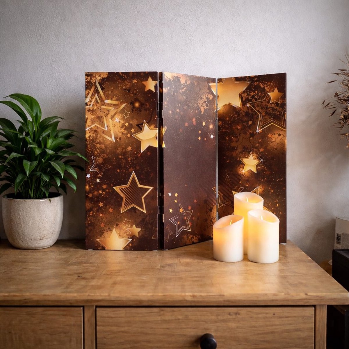 Klein Kamerscherm Raamscherm Gouden Sterren – 3 Panelen – 50x60 cm – Dubbelzijdig