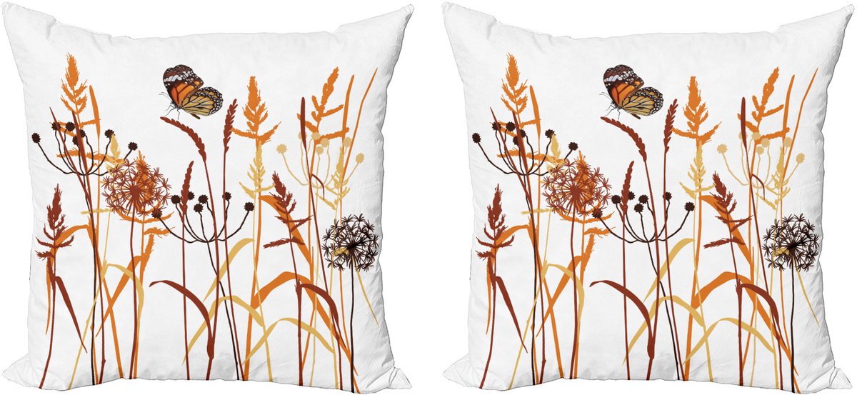 ABAKUHAUS Decoratieve kussenhoes met vlindermotief, 2 stuks, bladdesign, 45x45 cm, oranje bordeauxrood-wit