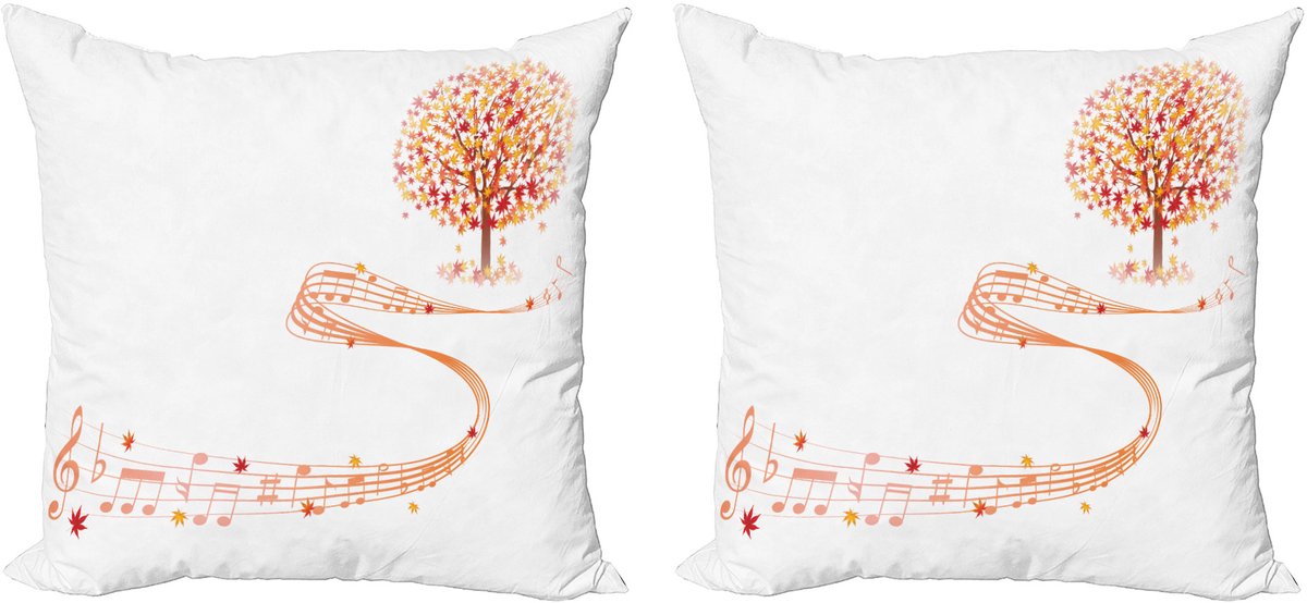 ABAKUHAUS Decoratieve kussenhoezen voor de herfst, set van 2, bladmuziek en not 40x40 cm, wit oranje