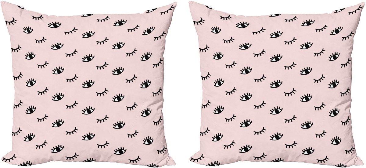 ABAKUHAUS Decoratieve kussenhoes met wimpermotief, 2 stuks, Doodle Ki, 50x50 cm, Roze, Zwart, Wit