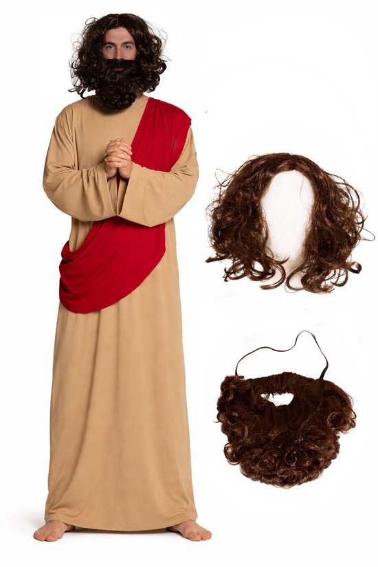 Partychimp 4-Delig Jezus Kostuum Gewaad/Sjaal/Pruik/Baard Jezus Pak Verkleedkleding Volwassenen Carnavalskleding Carnaval Kostuum Heren - Beige -Polyester - One Size