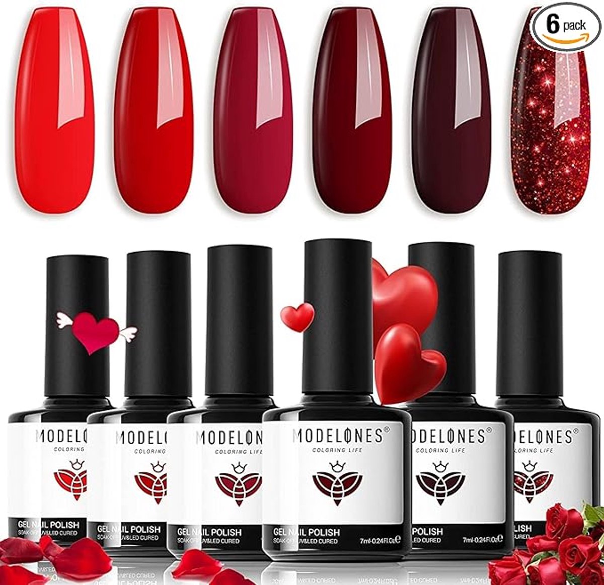 Gellak Gel Nail Polish Set, 6 Kleur Rood Glitter