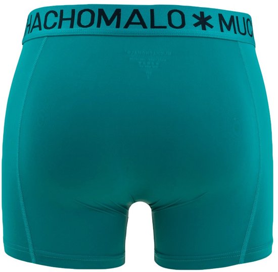 Achterkant van een petrolkleurige boxershort met naden en logo op de tailleband.