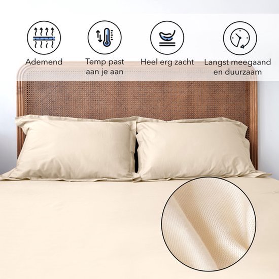 Een crèmekleurig bed met twee kussens. Iconen boven het bed: ademend, temperatuurregulerend, zacht, duurzaam. Vergroting van de stof.
