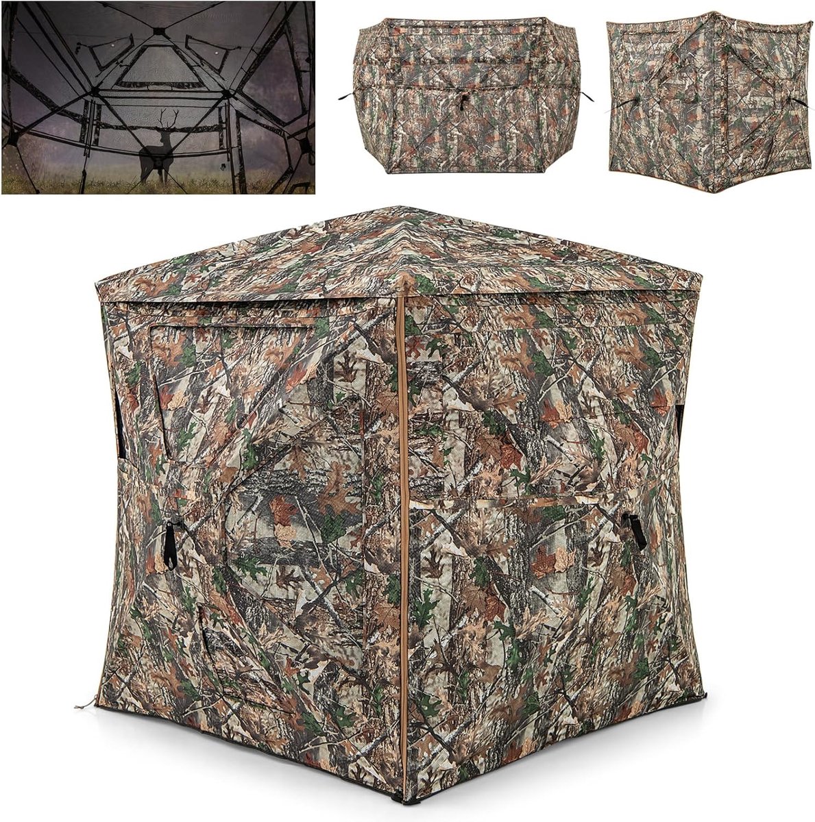 KOMFOTTEU 3-in-1 multifunctionele jachttent, jachttent voor 2-3 personen, 360° doorzichtige jachttent met draagtas en te openen bovenlicht, opklapbare camouflagetent voor de jacht op vogels, herten en