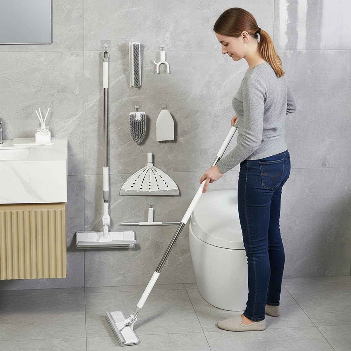 CHIWIN Multifunctionele Wasserabzieher Set – 7-in-1 Reinigingswisser Met Telescopische Steel – Douchewisser, Raamwisser, Vloerwisser En Schoonmaakset Voor Badkamer, Glas En Vloer