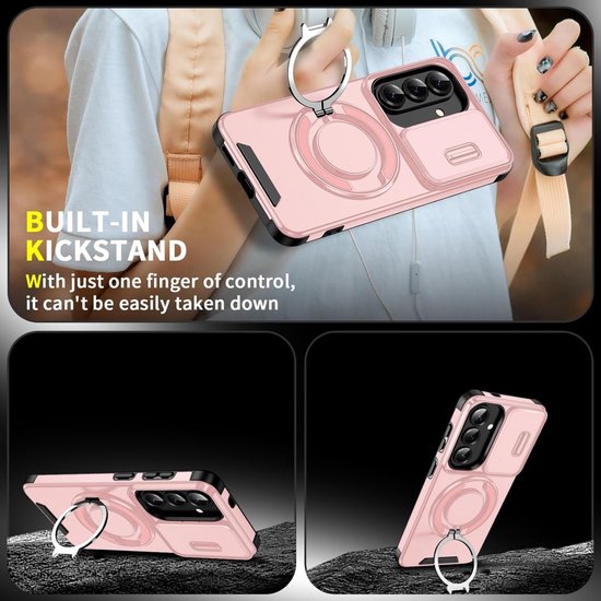 Roze telefoonhoes met ringstandaard, gedragen door een persoon.