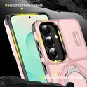 Roze telefoonhoes met verhoogde scherm- en camera randen.