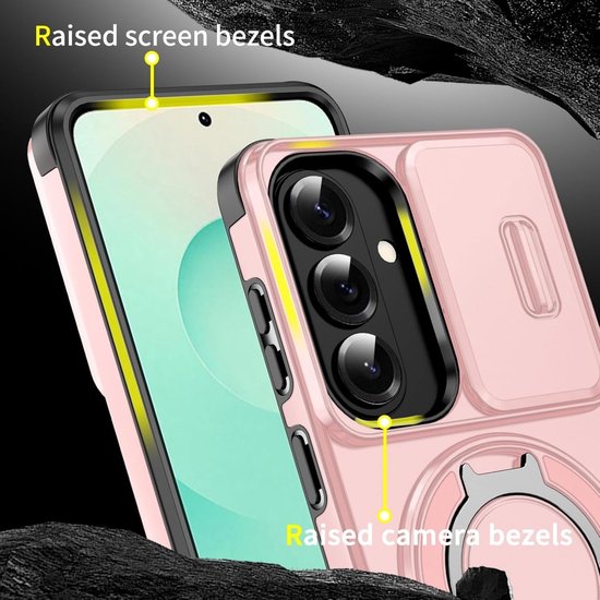Roze telefoonhoes met verhoogde scherm- en camera randen.