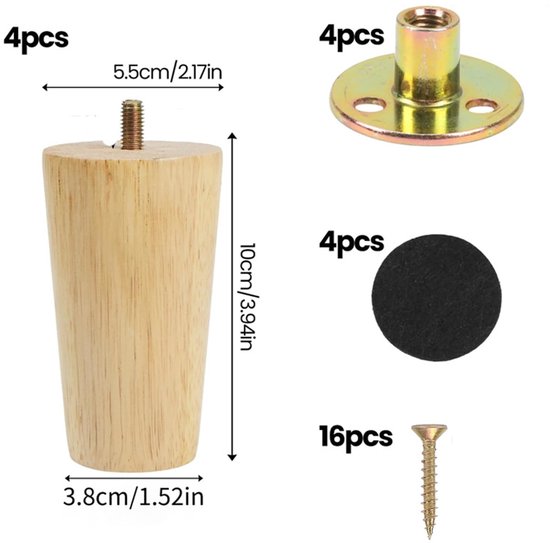 Set van vier conische houten meubelpoten van 10 cm hoog, met schroefdraad, inclusief montageplaten, schroeven en beschermpads.