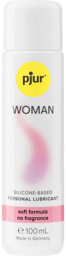 Witte fles pjur Woman met roze vlek en "soft formula no fragrance" opdruk.